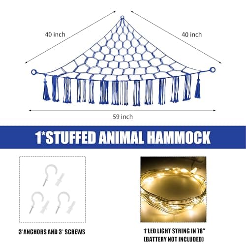 CERETIA Stuffed Animal Hammock with LED Light, Toy Hammock for Stuffed Animals Storage for Kids Room Decor, Stuffed Animal Hammock Corner, Royal Blue — view 4