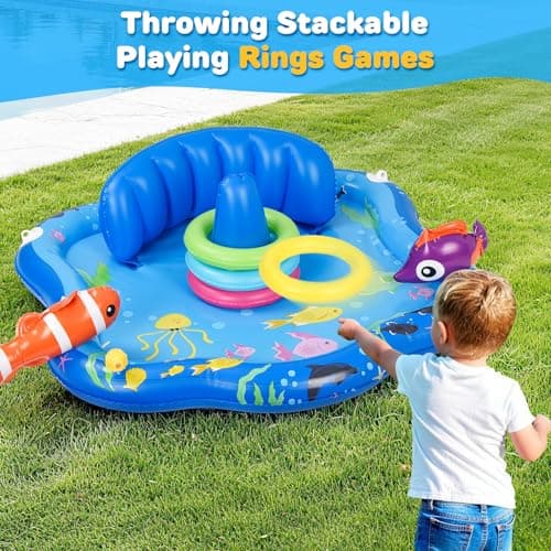 Baby Pool Float with Sprinkler, Inflatable Baby Splash Pad with Stackable Rings Game, Baby Splash Mat with Canopy & Backrest for Toddlers Garden, Beach, Backyard and Bathroom (Blue)