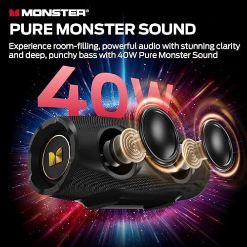 Monster S380 Bluetooth Speaker, Portable Speaker with 40W Stereo Sound, Bluetooth 6.0, 20H Playtime, IPX6 Waterproof, TWS Pairing, Support AUX/TF Card, Wireless Speaker for Outdoor Home Party