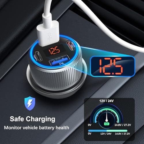 Car Charger USB C, 65W Multi Port Dual 12V Cigarette Lighter USB Car Charger Adapter with Voltage Display PD/QC 3.0 Super Fast Charge Car Phone Charger for iPhone 17 16 15 14 13 12 Pro Max Plus(Gray) — view 3