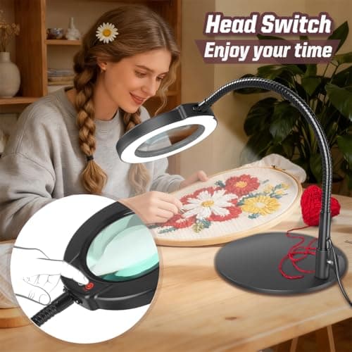 Krstlv 10X Magnifying Glass with Light and Stand, 16.5in Flexible Goose-Neck, 5 Color Modes Stepless Dimmable LED Lighted Desk Lamp, Hands Free Magnifier for Crafting Hobby Painting Close Work - Black — view 4