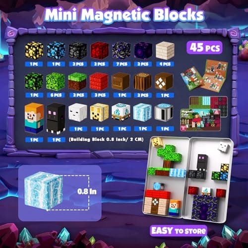 GraceDuck Magnetic Blocks with Iron Box, Obsidian Nether Portal 45 PCS Travel Magnetic Building Blocks, STEM Educational Building Set Construction Toys for Kids Ages 3+, Building Toys