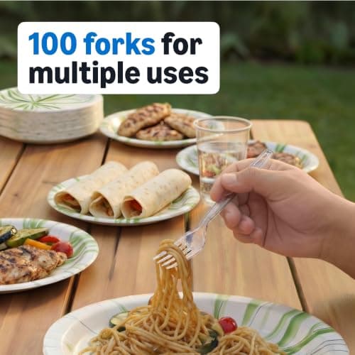 Amazon Basics Disposable Clear Plastic Forks, Premium Quality, 100 Count, Large Pack, Packaging May Vary — view 3