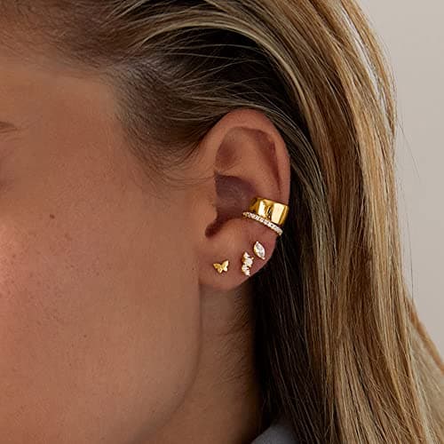 PAVOI 14K Yellow Gold Plated Solid 925 Sterling Silver Post Cubic Zirconia Flat Back Earrings for Women | Marquise Cartilage Earring | Helix Piercing Jewelry | Small Stud Earrings