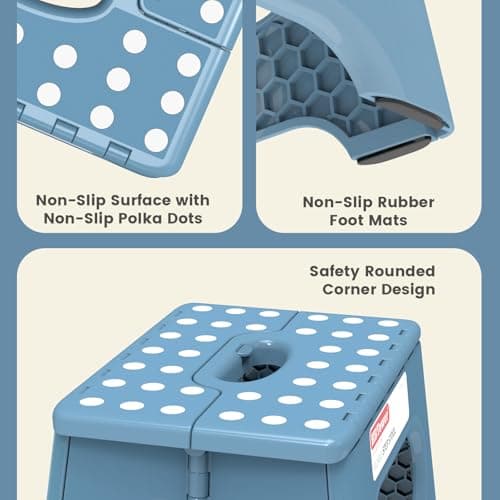 HBTower Folding Step Stool 9 Inch - Holds 600 lb, Non-Slip Surface & Carry Handle - Sturdy Step Stool for Kids, Toddlers & Adults - Compact Foldable Foot Stool for Kitchen, Bathroom, Bedroom(Blue) — view 3