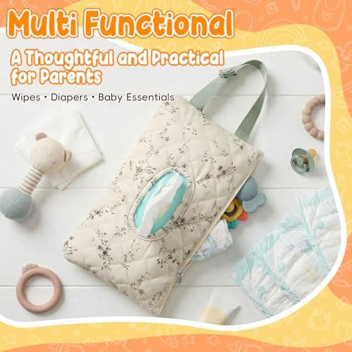 Quilted Baby Wipe Pouch, Hanging Portable Floral Diaper and Wipes Bag with Snap Handle, Machine Washable Refillable Wet Wipe Holder or Stroller, Car Seat & Travel Organizer — view 4