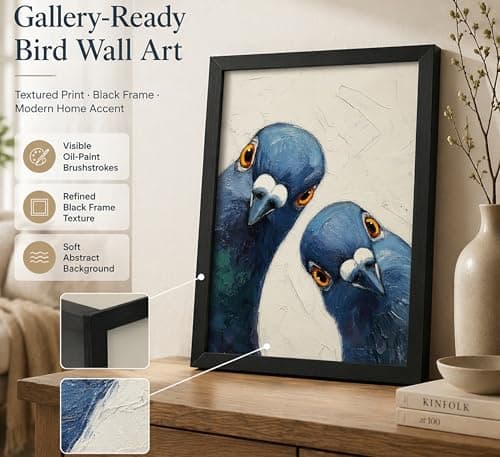 Framed Whimsical Pigeon Wall Art, Blue Birds Oil Painting Canvas Prints, Funny Bird Portrait Wall Decor, Modern Animal Poster Artwork, for Living Room Bedroom Bathroom Decoration, 8x10in — view 2