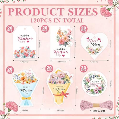 CCINEE 120pcs Mothers Day Gift Tags,Floral Happy Mother's Day Hanging Tag with String Best Mom Label for Mother Party Decoration