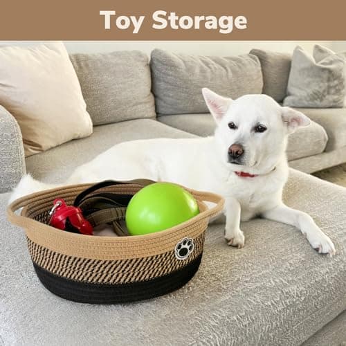 HiChen Dog Storage Bin, Baby Basket for Gifting, Wicker Storage Baskets for Dog, Cute Basket with Handles, Small Woven Baskets for Nursery 12"x 8" x 5" Black-Brown