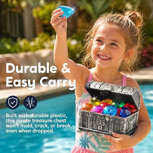 Sloosh Diving Gems Pool Toys,16 Big Colorful Diamond with Pirate Treasure Chest,Swim Dive Toy for Kids Underwater Gemstone Swimming Training Gift Water Toys Pool Games(Silver) — view 3