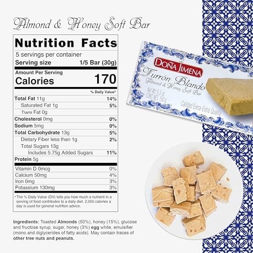 Doña Jimena Turrón Blando Soft Almond & Honey Bar, Traditional Spanish Nougat, 150g (5.3 oz)