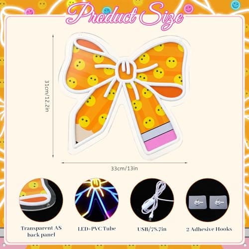 Woanger Bow Pencil Neon Sign for Classroom Reading Corner Decor Back to School Reading Nooks Decorations Cute Aesthetic LED Classroom Wall Decor with Smile Face for Library Background — view 5
