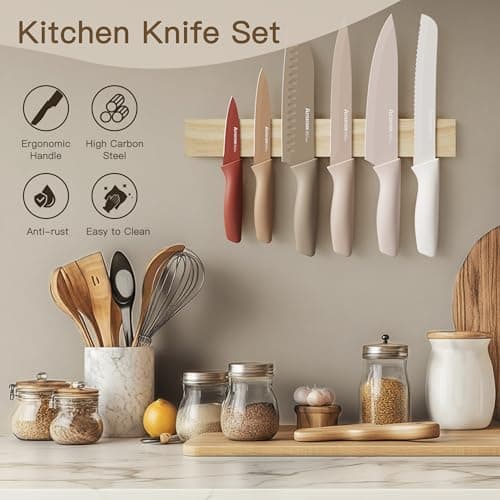Astercook Knife Set, 13 Pieces Kitchen Knives Set with Healthy Anti-Rust Coating, Dishwasher Safe, Stainless Steel Chef Knife Sets with 6 Blade Guards, Fathers Day Gift for Men — view 2