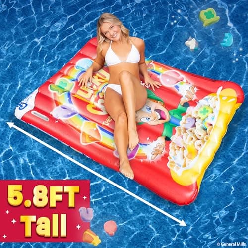 Lucky Charms Reversible Pool Float Double Sided Cereal Box and Rainbow Charm Inflatable with Built in Handles Extra Large 5.8 Foot Cereal Shaped Floatie for Pool Beach and Lake