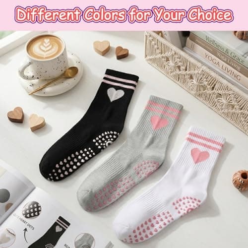 scenicamp 3 Pairs Cute Pilates Socks for Women, Non Slip, Black White Gray — view 2