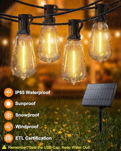 Pesken Solar String Lights Outdoor, Waterproof ST38 LED Patio Lights with Remote & USB Charge, 2700K Dusk to Dawn, Timer & 3 Modes, 54FT Dimmable Solar Powered String Lights for Backyard, Camping
