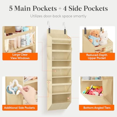 Lifewit 1 Pack Over the Door Organizer, Clear Window Hanging Storage with 4 Side Pockets, Anti Tilt 40 lbs Load Behind Door for Pantry, Nursery, Bathroom, Bedroom, Dorm, 5 Section, Beige — view 2