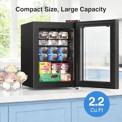 Electactic Mini Freezer, 2.2 Cu.ft Compact Upright Freezer with Glass Door Display, 7 Temperature Settings, -10°F to -18°F Deep Freezing, Quiet Freezer for Home Use, Black — view 3