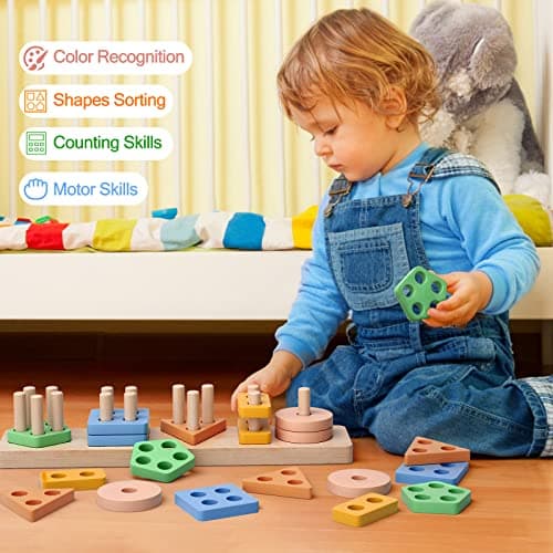 PEBIRA Montessori Toys for 1 2 Year Old, Wooden Sorting and Stacking Toys for Toddlers, Baby Shape Sorter and Color Stacker Blocks for Toddler, Preschool Learning Toy, Gift for 12-18 Month Boys Girls — view 5