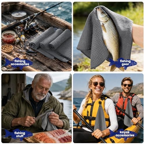 Puomue 3 Pack Microfiber Fishing Towels with Clip, 16" X 16", Waffle Pattern for Effective Cleaning of Fishing Gears or Dirty Hands, Perfect for Camping Towels and Hiking Towles (Grey, 16"X16") — view 3