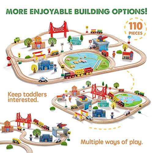Tiny Land 110PCS Wooden Train Set, Toy Train with Tracks for Kids Ages 3-7