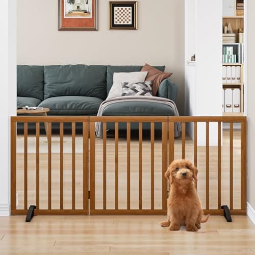 Freestanding Pet Gate Foldable Dog Gate (55 inches Wide) Walnut Bamboo Door Gates for Stair Doorways House Dog Fences Indoor (2 Support Feet Included)
