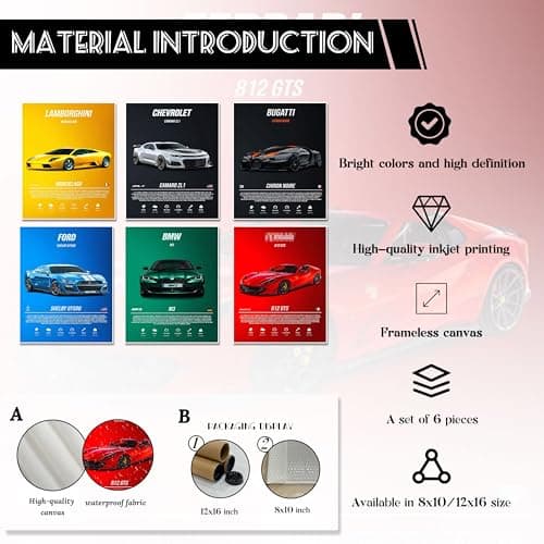 HTTART Car Posters Wall Art Set of 6, Colorful Supercar Canvas Wall Decor Paintings, Vintage Race Car Aesthetic Prints Pictures for Boys Room Men Room Bedroom Dorm 8x10Inch Unframed — view 4