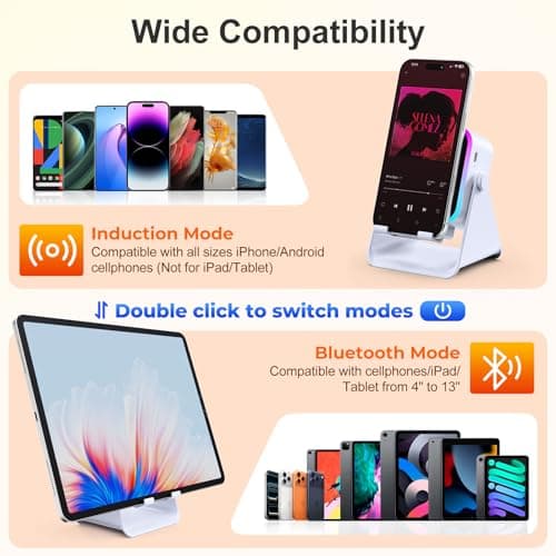 BOLONMI Wireless Bluetooth Induction Speaker, Phone Speaker Amplifier with Colorful Lights & 3500mAh Battery, Portable Phone Stand Compatible with iPhone/iPad/Android/Samsung - White — view 4