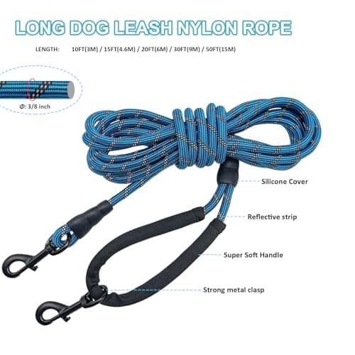 BTINESFUL Long Dog Leash, 10/15/20/30/50FT Dog Training Leash with Soft Handle, Reflective Heavy Duty Rope Dog Lead for Medium Large Dogs Outside Play, Camping (3/8" x 15ft, Blue) — view 4