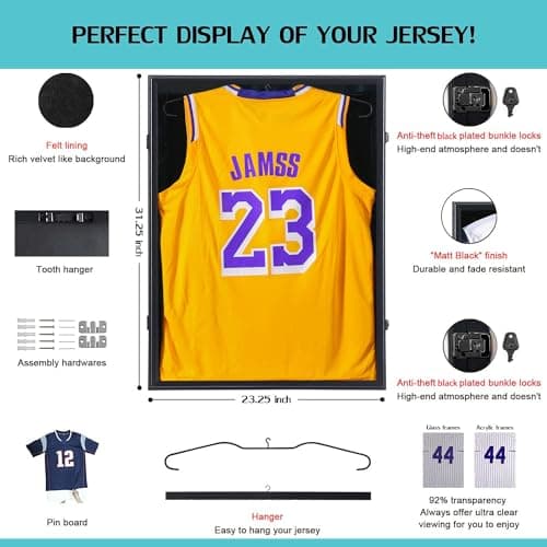 KCRasan Jersey Frame Display Case - Jersey Display Case - Large Lockable Frames Shadow Box with UV Protection for Baseball Basketball Football Soccer Hockey Sport Shirt, Black Finish, Black Locks