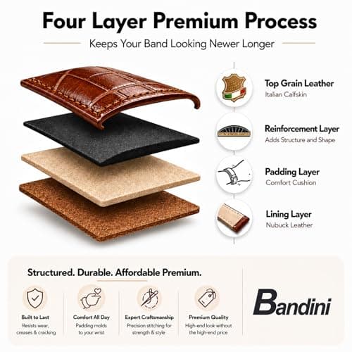 Bandini Mens 20mm Extra Long Leather Watch Band for Large Wrists – Premium Top Grain Alligator Embossed Strap, Durable Replacement, Soft Comfortable Fit, Black/Gold Buckle — view 2