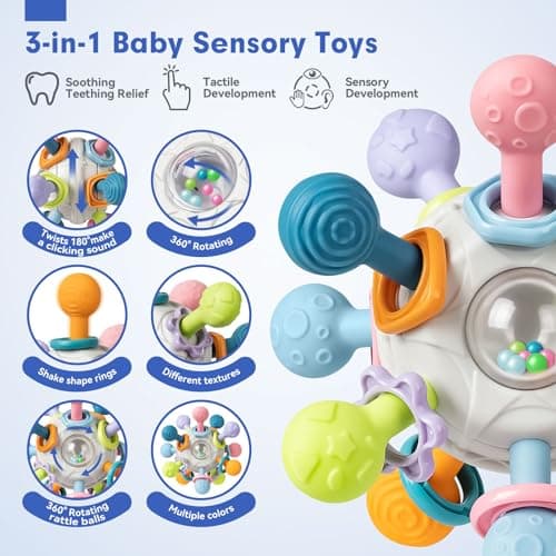 Baby Sensory Teething Toys Set, Montessori Baby Toys 6-12 Months, Incl Newborn Rattle Teether & Baby Blocks & Soft Stacking Rings, Ideal Babies Boy Girl Gifts, Infant Toys 0-3-6-9-12-18 Month — view 2