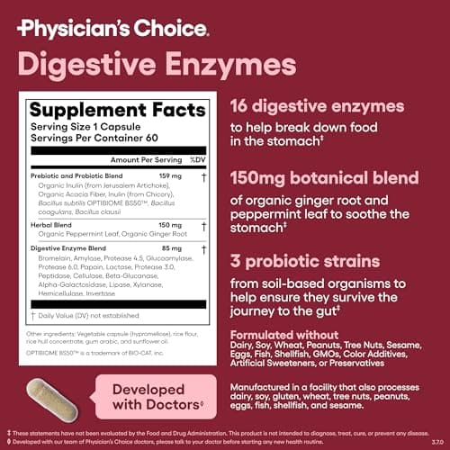 Physician's CHOICE Digestive Enzymes for Bloating & Digestion - Fast-Acting 16 Enzyme Formula with Organic Prebiotics & Probiotics for Gut & Digestive Health - Meal Time Discomfort Relief - 60 CT — view 5