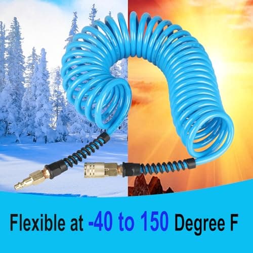 Keepro Polyurethane Recoil Air Hose, 1/4 Inch ID By 25 Feet Long Air Compressor Hose with Repairable Solid Brass 1/4" Industrial Quick Coupler and Plug, 145 PSI Maximum Pressure, Blue — view 2