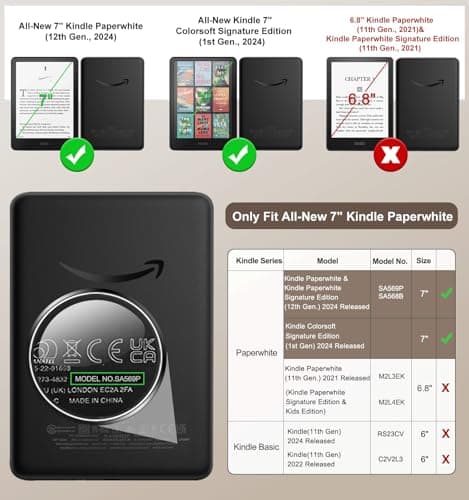 MoKo Case for New 7" Kindle Paperwhite(12th Gen 2024) and Kindle Colorsoft Signature Edition 2024, Lightweight Shell Cover with Hand Strap Auto Wake/Sleep for Kindle Paperwhite 2024, Notebook Black