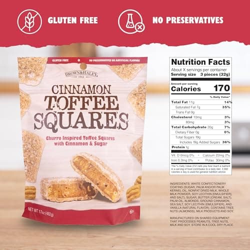 Brown & Haley Cinnamon Toffee Squares – 17oz Bag - Churro Inspired English Toffee Candy with Cinnamon, Sugar & Sea Salt - Gourmet Candy for Gifting