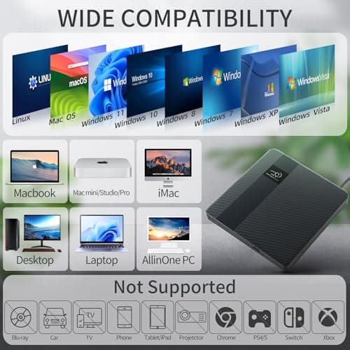 HKCMEMORY External CD/DVD Drive USB 3.0 & Type-C Slim Portable DVD Player+/-RW Disk Drive CD Burner Writer Reader CD ROM, for Laptop Desktop PC MacBook Mac Windows 11/10/8/7 Linux OS Apple — view 3