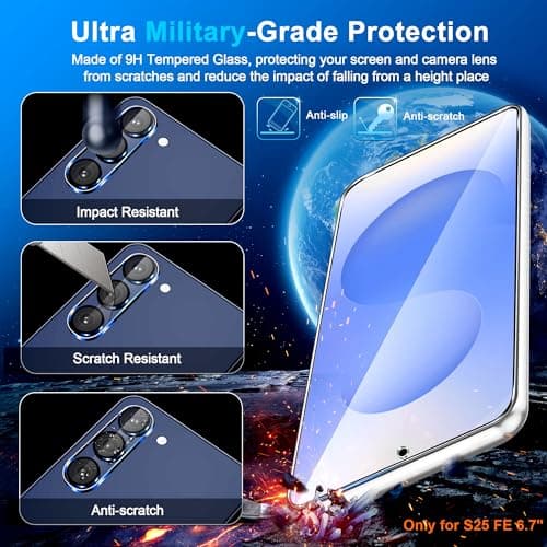 firtstnow 3 Pack for Samsung Galaxy S25 FE Screen Protector Tempered Glass + 3 Pack Camera Lens Protector, Military Grade Shatterproof, 9H Hardness, Fingerprint Unlock, Case Friendly 6.7 Inch — view 4