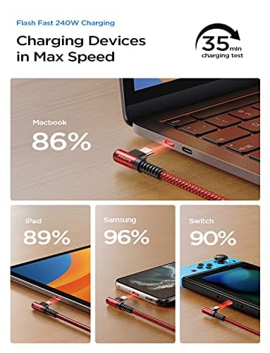 AINOPE 240W High Speed USB C Cable [10ft] USBC to USBC Cable, Right Angle C to C Cable Fast Charging Compatible with iPhone 16 Charger Cord, iPad Pro,MacBook Air 2024 M4,Samsung Galaxy S24, Red — view 4