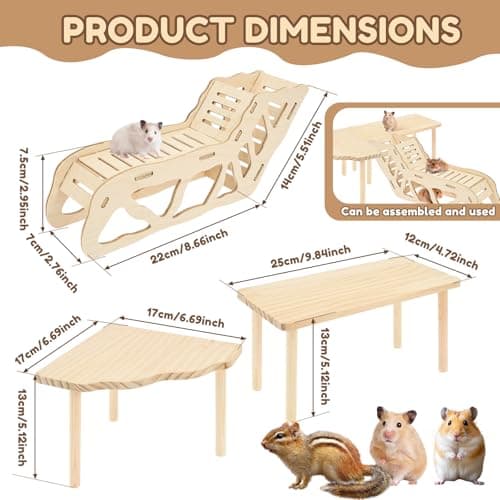 3-Piece Set Hamster Play Wooden Platform, Hamster Hides Tunnel Shelter w Ladder, Small Animal Wood Stand, Hamster Toys Cage Accessories for Dwarf Syrian Hamsters Gerbils Mice Degus or Other Small Pets