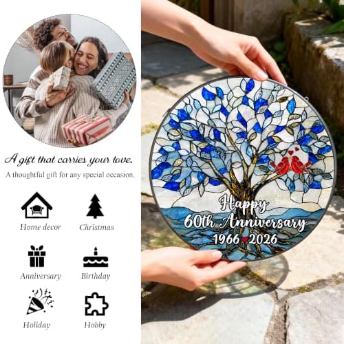 EKASPEEK 60th Wedding Anniversary Stained Glass Suncatcher, 8x8' Diamond Anniversary Decorations, 60th Celebration Marriage Gifts for Parents, Couple, Wife & Husband, 60 Wedding Milestone Keepsake — view 5