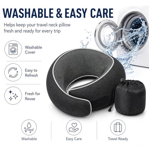 SILVORIC Travel Neck Pillow for Airplanes, Pure Memory Foam Neck Pillow with Washable Cover and Storage Bag, Ergonomic 360° Support for Sleeping, Car, Office, Home, Black — view 4
