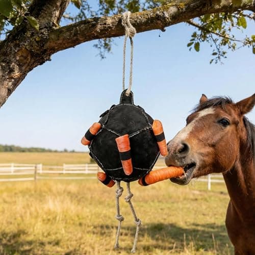 Horse Treat Ball, Interactive Slow Feed Hay Ball with Rope,for Horses, Boredom Relief and Training Toy, Durable Carrot Dispenser Feeder for Goats, Sheep, Livestock