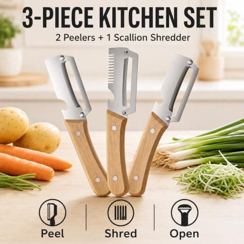 3-Piece Wooden Peeler Set, Stainless Steel Vegetable Peelers with Bottle Opener & Scallion Shredder Tool, Potato Peeler and Green Onion Strip Maker for Kitchen Food Prep
