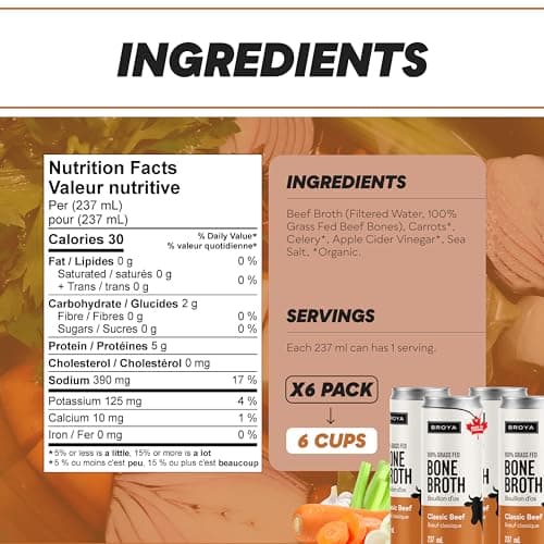 BROYA Classic Beef Bone Broth In A Can - 100% Grass Fed & Finished Beef Broth - Collagen Protein Rich - Canadian Made – Keto and Paleo Friendly, Gluten-Free - 6 Cans, 237 ml Each