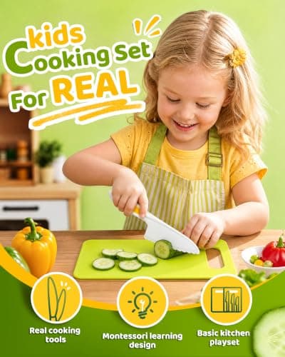Yeeammk Kids Knife Set for Real Cooking, 5 Pcs Kid Safe Plastic Kitchen Knife Set with 3 Knives and 2 Cutting Boards, Montessori Cooking Set for Kids