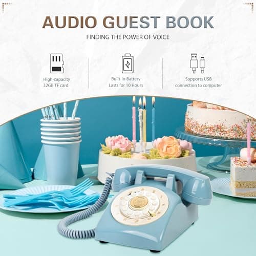 FiayaCom Audio Guest Book Wedding Phone,32GB Memory Customized Audio Messages, Volume Adjustable, with Message Replay Feature, Suitable for All Kinds of Party(Blue+Sign)