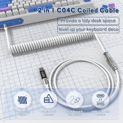 ATTACK SHARK CO4-C Coiled USB C Cable for Mechanical Keyboard with USB to USB C Adaptor, Type C to Type C, TPU Double Sleeved Spring Charging Cable with 5-Pin Metal Aviator Connector, 4.92ft Length