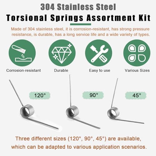Ruibapa 50Pcs Torsional Springs Assortment Kit 15 Sizes 304 Stainless Steel,45/90/120 Degree for Home Repairs & DIY Springs Assortment — view 2