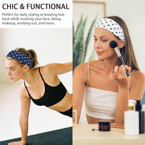 Wecoe Polka Dot Headbands for Women 3 PCS Stretchy Wide Headbands Non-Slip Soft Fabric Hairband Hair Accessories for Gym Yoga Makeup Washing Face(White, Black, Navy Blue) — view 2